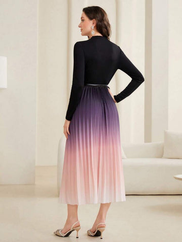 Ombre Pleated Hem Dress With Belt
